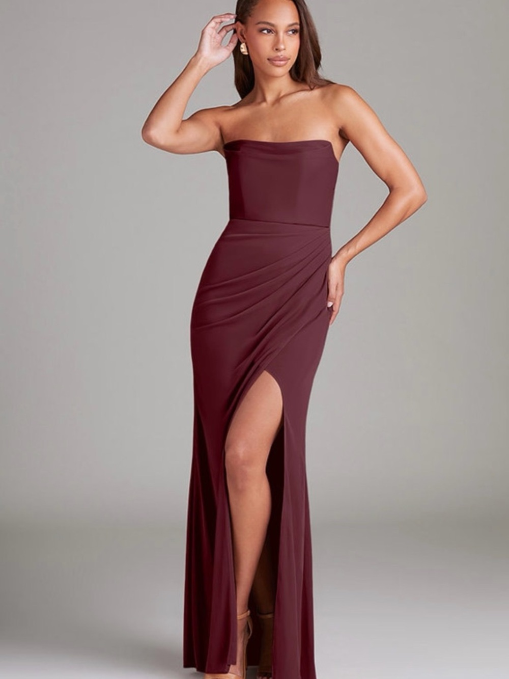 Azazie Strapless Burgundy Maxi Gown with Side Slit
